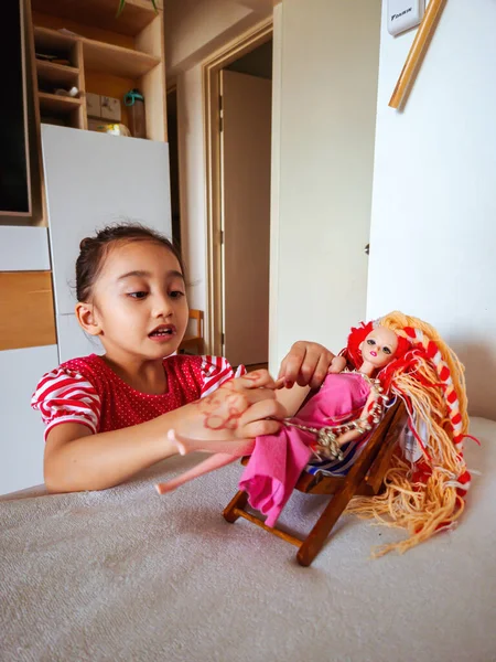 Little Girl Playing Home Toddler Kid Doll — Fotografia de Stock