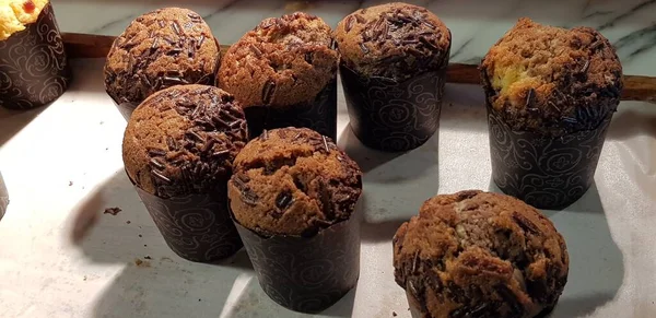 Deliciosas Magdalenas Chocolate Vainilla Para Que Las Tomemos Cocina — Foto de Stock