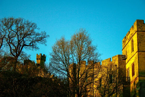 Ancient European Medieval Architectural Building Castle Golden Autumn Light Blue — Stockfoto