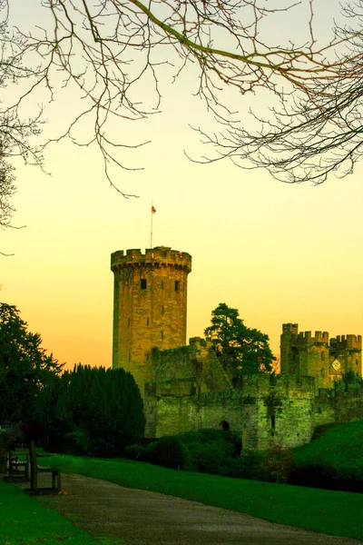 Ancient European Medieval Architectural Building Castle Golden Autumn Light Blue —  Fotos de Stock