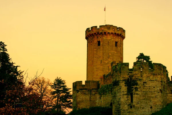 Ancient European Medieval Architectural Building Castle Golden Autumn Light Blue — Zdjęcie stockowe