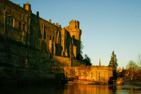 Ancient European Medieval Architectural Building Castle Golden Autumn Light Blue —  Fotos de Stock