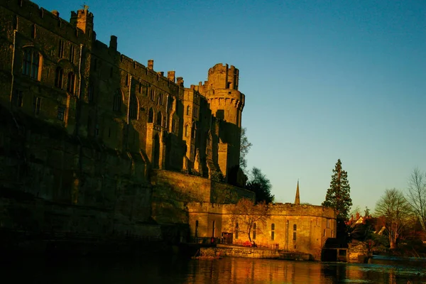 Ancient European Medieval Architectural Building Castle Golden Autumn Light Blue — стоковое фото