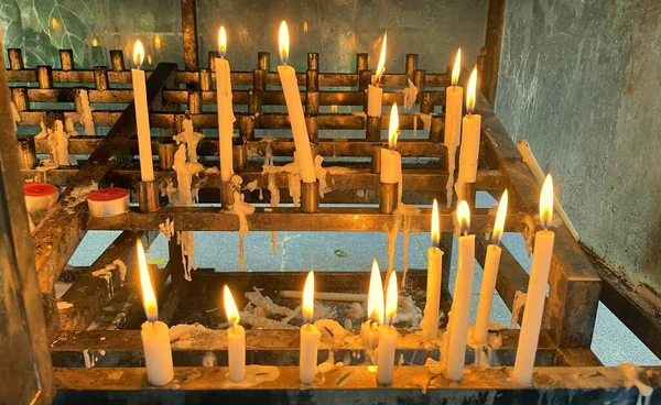 Many Prayers Candle Flames Glowing Dark Create Spiritual Atmosphere — Photo
