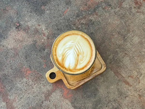 Mooie Kop Cappuccino Koffie Met Latte Kunst Houten Ruimte Achtergrond — Stockfoto
