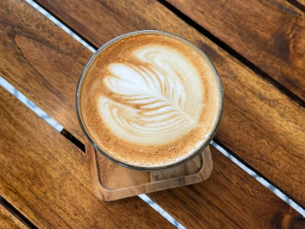 Beautiful Cup Cappuccino Coffee Latte Art Wooden Space Background — ストック写真
