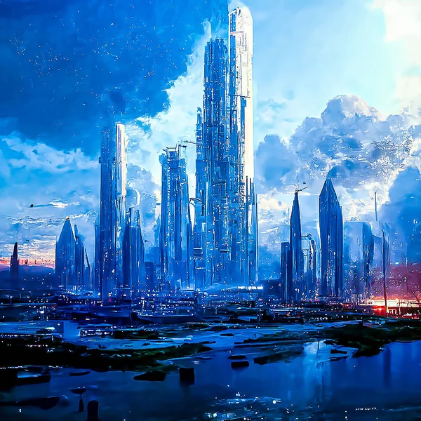 Digital painting of future cities and end of day of human society