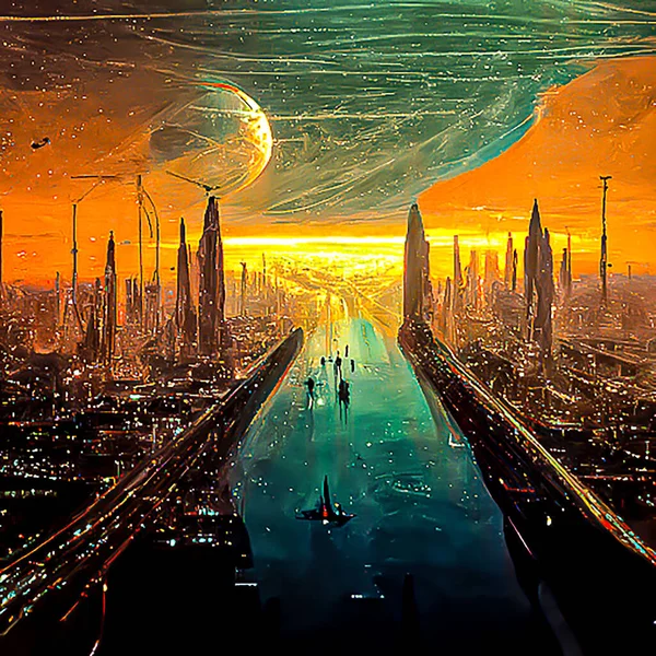 Digital painting of future cities and end of day of human society