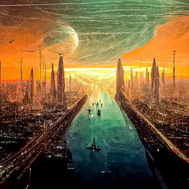 Digital painting of future cities and end of day of human society