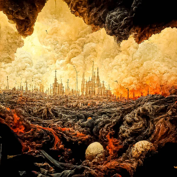 Digital painting of future cities and end of day of human society