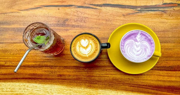 Beautiful Cup Taiwanese Taro Milk Drink Latte Art Wooden Space —  Fotos de Stock