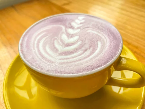 Beautiful Cup Taiwanese Taro Milk Drink Latte Art Wooden Space — Photo
