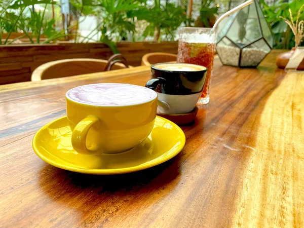 Beautiful Cup Taiwanese Taro Milk Drink Latte Art Wooden Space — Stock Photo, Image