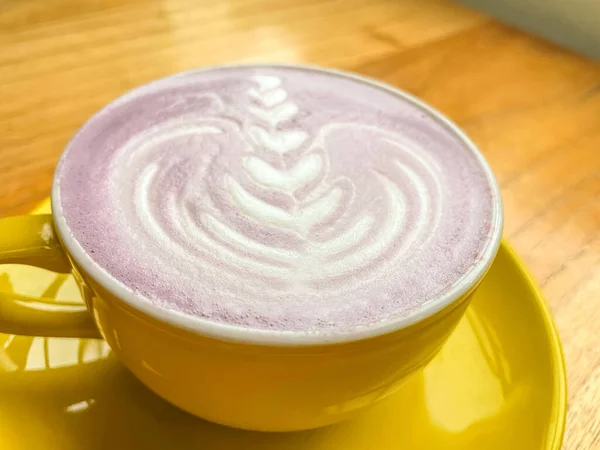Beautiful Cup Taiwanese Taro Milk Drink Latte Art Wooden Space —  Fotos de Stock