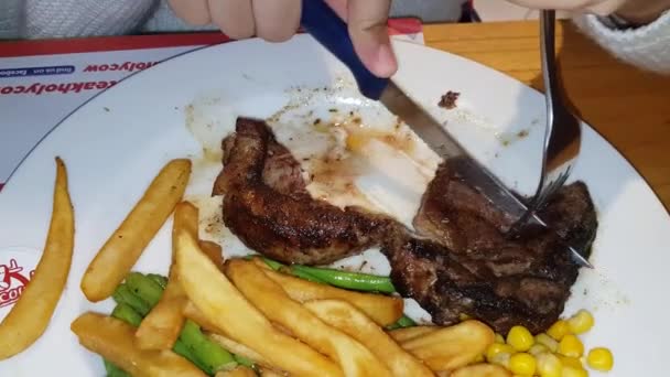 Alegria Comer Melhor Comida Mundo Bife Vaca Juntamente Com Purê — Vídeo de Stock