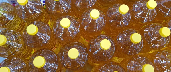 Close Top View Bottled Cooking Oil Used Cooking Selective Focus — Stock Photo, Image
