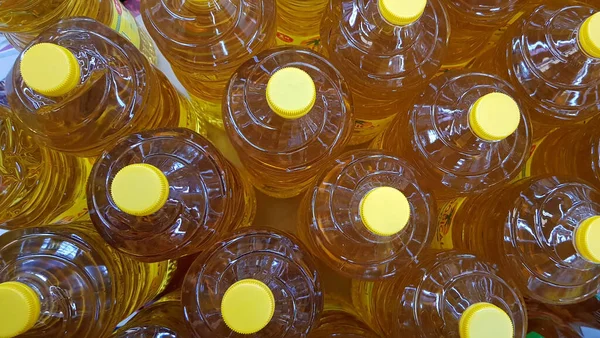 Close Top View Bottled Cooking Oil Used Cooking Selective Focus Foto Stock Royalty Free