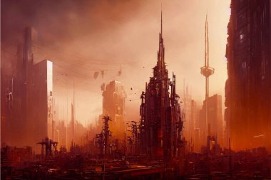 Gelecekteki şehirlerin dijital resimleri ve insan toplumunun dünyanın sonu.