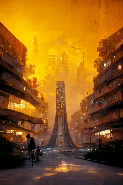 未来都市のデジタル絵画と世界の人間社会の終わり — ストックベクタ