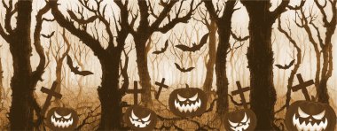 Ürkütücü ve korkutucu Cadılar Bayramı görüntüleri ve vektör kabakları, yarasa ve mezarlık arka planı, multimedya içeriği için illüstrasyon.