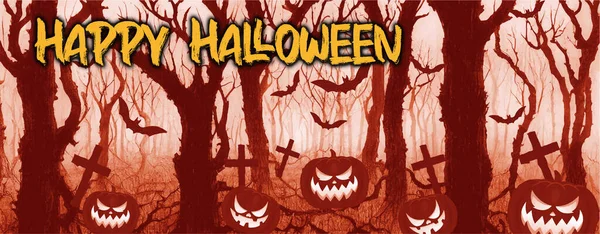 Immagini Spettrali Spaventose Halloween Zucche Vettoriali Pipistrello Sfondo Del Cimitero — Vettoriale Stock