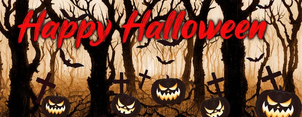 Spookachtige Enge Halloween Beelden Vector Pompoenen Vleermuis Kerkhof Achtergrond Illustratie — Stockvector