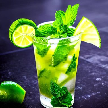 Limon, nane yaprağı ve buzlu taze mojito alkollü kokteyl çizimi. arkaplan ve çokluortam içeriği için resim ve yiyecek resimleme