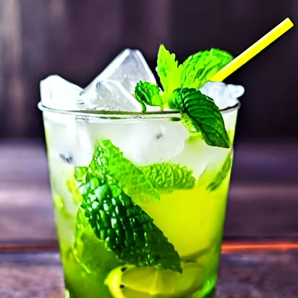 Verse Mojito Alcohol Cocktail Tekening Met Limoen Munt Bladeren Ijs — Stockfoto