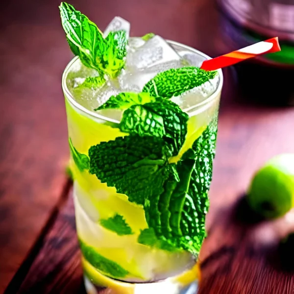 Fresh mojito alcohol cocktail drawing with lime, mint leaves and ice. picture & image food illustration for background and multimedia content