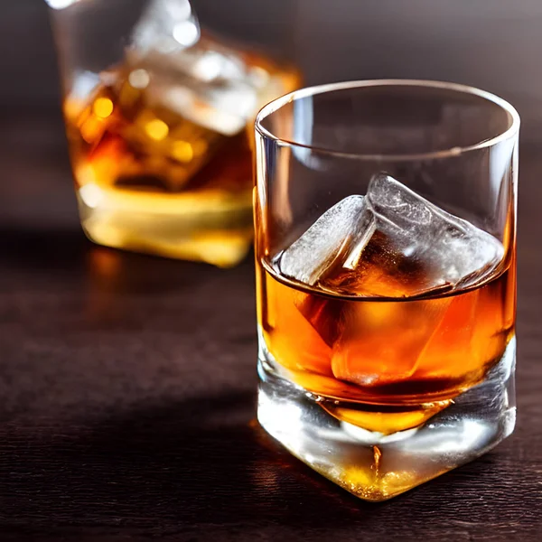 澄んだガラスや瓶の上の新鮮なウイスキーはまた アイスアルコールの描画をダイス 画像飲料 バーイラストFor Background — ストック写真