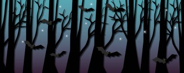 Gölge ağacı ve karanlık arka planda yarasayla Cadılar Bayramın kutlu olsun. Web, poster, ilan, reklam, promosyon, blog, sosyal medya, pazarlama, tebrik kartı için Cadılar Bayramı ilanı. kağıt kesimi tasarım biçimi.