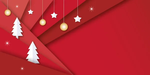Árboles Navidad Con Estrellas Bolas Sobre Papel Fondo Rojo Feliz —  Fotos de Stock
