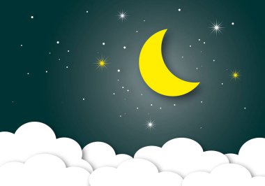 Gece yarısı yıldızlı ve bulutlu ay, ay ya da gece konsepti, metin için yer. kağıt sanat tasarımı biçimi.