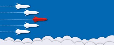 Mavi zemin üzerinde uçan roket grubu İş veya mali büyüme metaforu, Başarı ve liderlerin konsepti, metin için alan, kağıt kesimi tasarım biçimi.