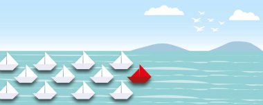 Bir grup beyaz tekne denizdeki kırmızı tekneyi izledi. Gökyüzü arka planı iş hedefi ya da hedef olarak kullanıldı. Başarı ve liderlerin kavramı, kağıt kesiği tasarım tarzı..