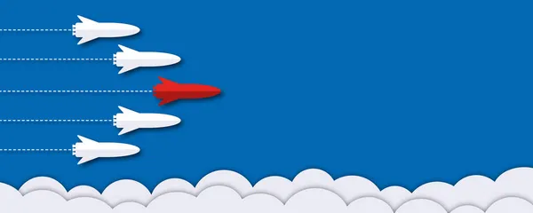 Grupo Foguetes Voando Sobre Nuvem Fundo Azul Como Metáfora Para — Fotografia de Stock
