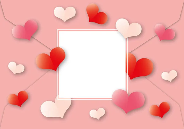 Witte Kaart Met Kleurrijke Harten Roze Envelop Achtergrond Valentijnsdag Bruiloft — Stockfoto