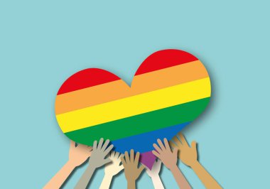 Mavi arka planda renkli gökkuşağı kalbi, Mutlu Gurur Günü kavramı veya LGBT gururu ve LGBTQ insanları, metin için alan, kağıt tasarım tarzı.