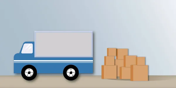 Camión Carga Azul Con Cajas Embalaje Sobre Fondo Gris Concepto — Foto de Stock