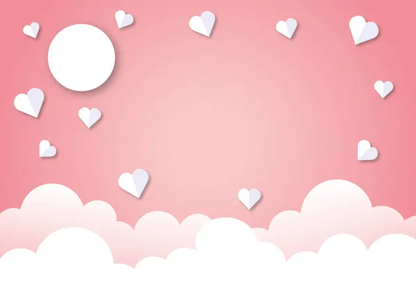 白色的心 白云和太阳在粉红的背景上 婚礼的概念 情人节 文字的空间 剪纸设计风格 — 图库照片