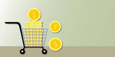 Pastel arka planda alışveriş arabası olan altın sikkeler para ve kredi tasarrufu, iş yatırımı ve finans sigortası için kavram. Metin için yer aç. kağıt kesimi tasarım biçimi.