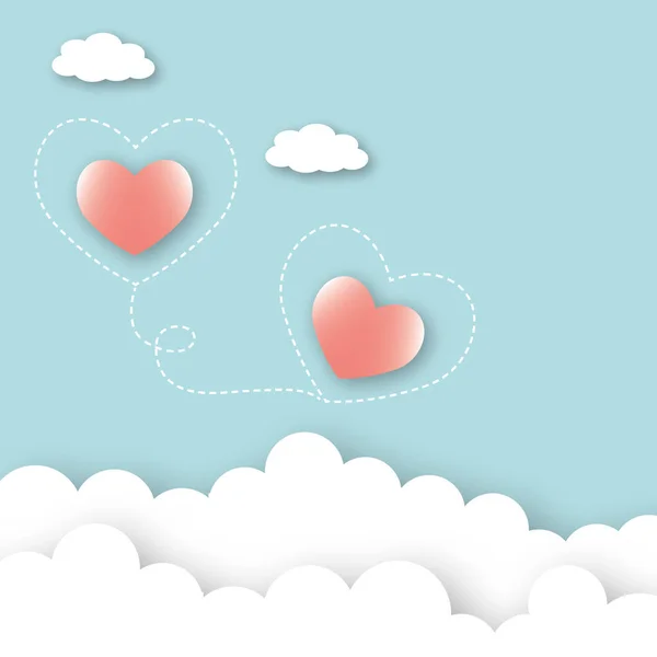 青空の背景に雲とピンクの心 結婚式 バレンタイン 母と父の日 誕生日 ポスター 愛の概念のためのグリーティングカード テキストのためのスペース 紙アートデザインスタイル — ストック写真