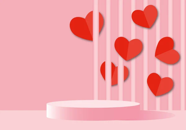 パステルピンクの背景に表彰台と赤の心 結婚式 バレンタイン 母と父の日 誕生日 ポスター 愛の概念のためのグリーティングカード テキストのためのスペース 紙アートデザインスタイル — ストック写真