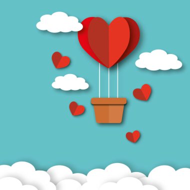 Balonlu kırmızı kalpler ve mavi gökyüzü arka planında bulutlar. Sevgililer günü, düğün, anneler ve babalar günü için tebrik kartı, doğum günü, poster ve kartpostal, aşk konsepti. kopyalama alanı. kağıt sanat tasarımı.