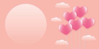 Pastel arka planda bulutlu pembe balon kalpler. Sevgililer günü için tebrik kartı, düğün, anneler günü, doğum günü, poster ve kartpostal, pankart aşk konsepti. kopyalama alanı. kağıt sanat tasarımı.