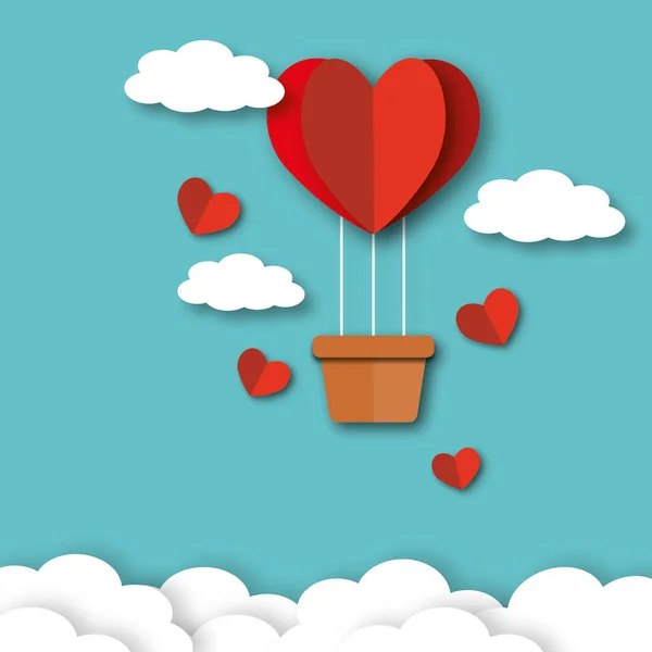 Red hearts with balloon and clouds on blue sky background. Greeting card for Valentine, Wedding, Mother\'s and Father\'s day, birthday, poster and postcard, love concept. copy space. paper art design.