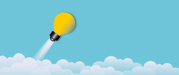 Yellow Light Bulb Rising Rocket White Cloud Blue Background Ideas — Stock Photo, Image
