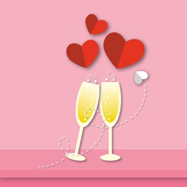 Pastel pembe arka planda şarap kadehi olan kırmızı kalpler. Sevgililer günü için tebrik kartı, düğün, anneler günü, doğum günü, poster ya da kartpostal, pankart aşkı konsepti. kopyalama alanı. kağıt sanat tasarımı.
