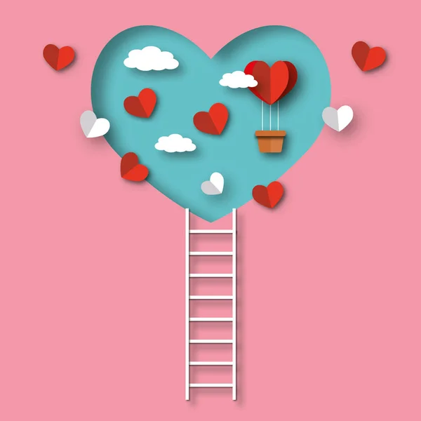 雲とピンクの背景に階段を登る多くの心 バレンタイン 結婚式 誕生日 ポスターやはがき バナーの愛のコンセプトのためのグリーティングカード テキストのためのスペース 紙アートデザインスタイル — ストック写真