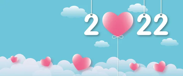 Wiele Różowych Serc Rokiem 2022 Tle Błękitnego Nieba Kartka Okolicznościowa — Zdjęcie stockowe